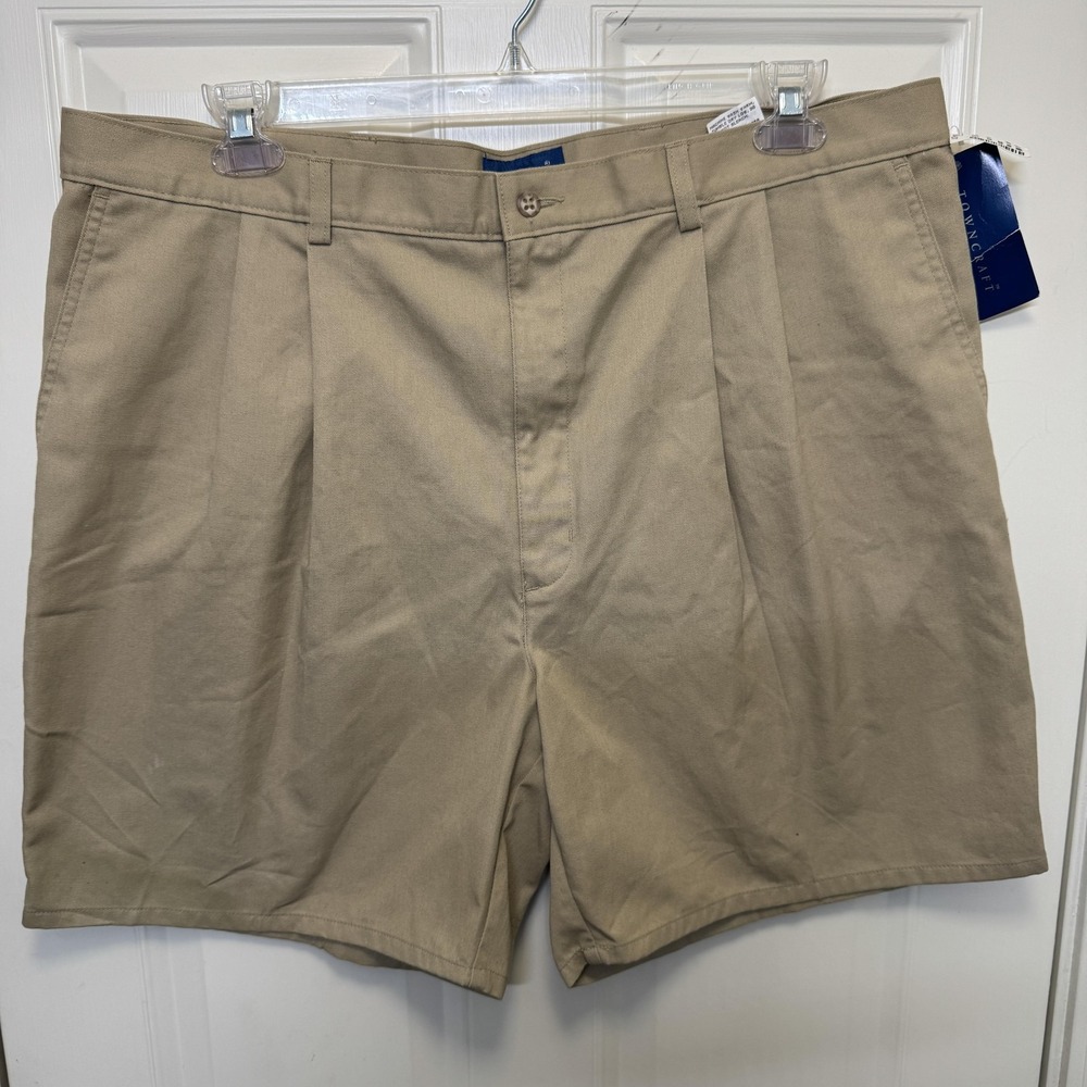 Vintage TownCraft Mens Pleated Shorts 42 Beige Khaki Chino 7" Inseam Casual New